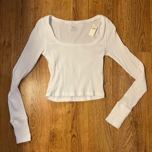 Aerie, White Ribbed, Long Sleeve, Square Neck, Size XS